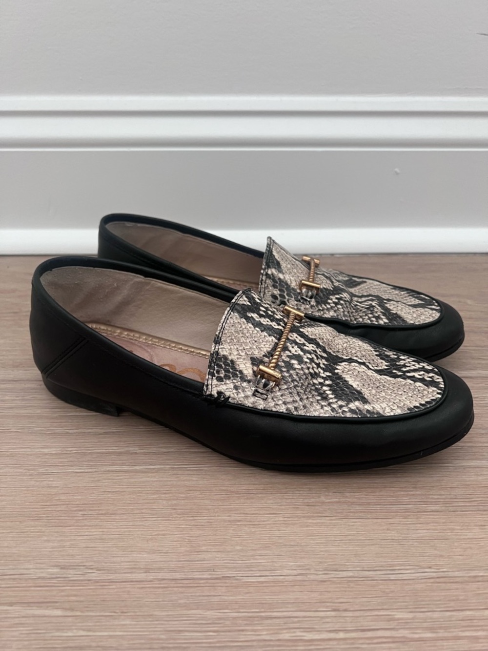 Sam Edelman Shoes Womens 6.5 Black Leather Snake Print Horsebit Loafer Flats